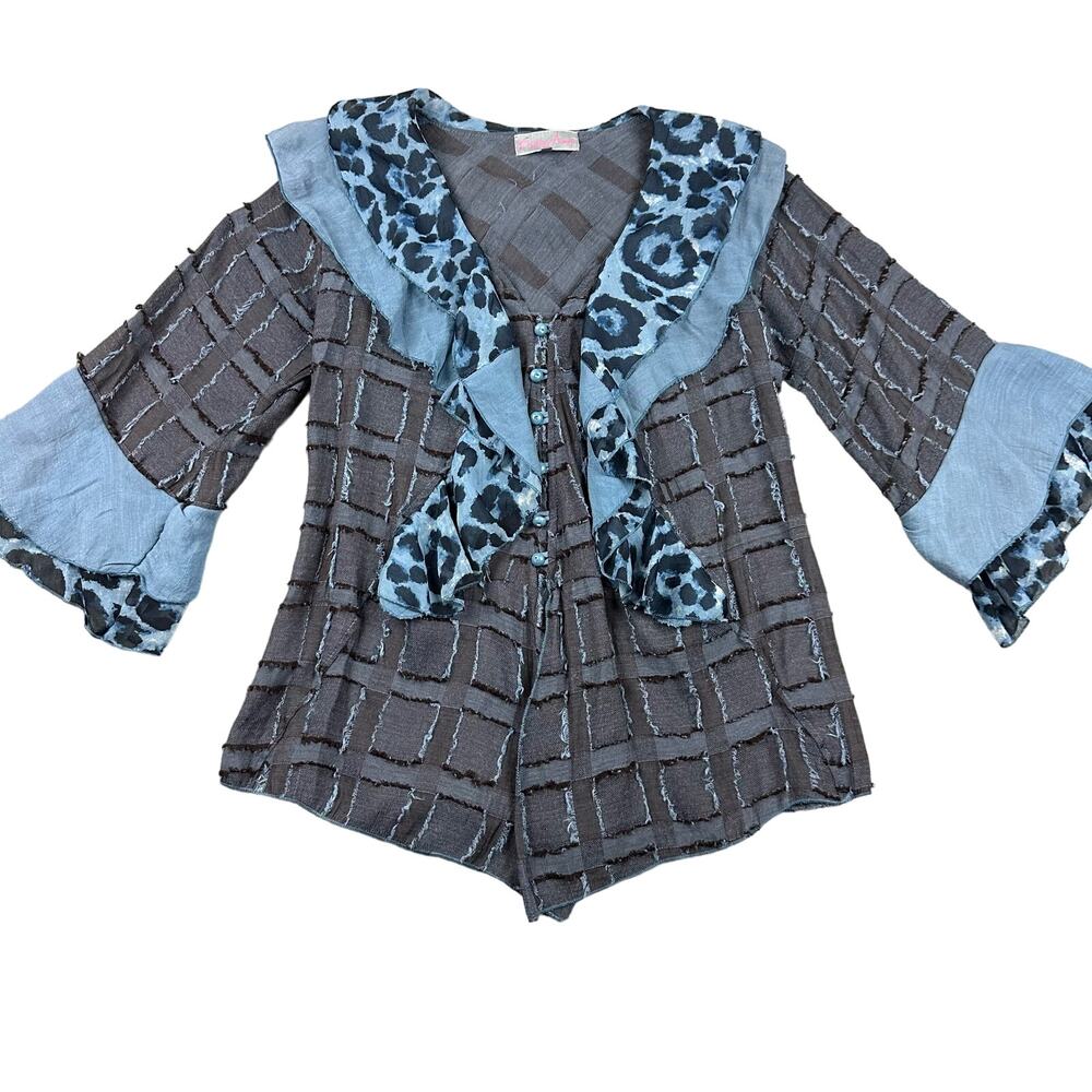 Pretty Angel Blouse Womens Medium Blue Gray Excellent Leopard Ruffle Bell Sleeve